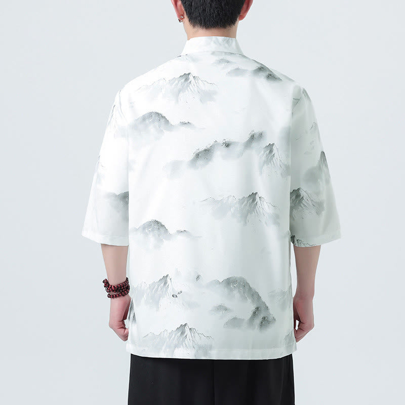 Buddha Stones 墨絵風景模様メンズフロッグボタン半袖シャツ - image 13