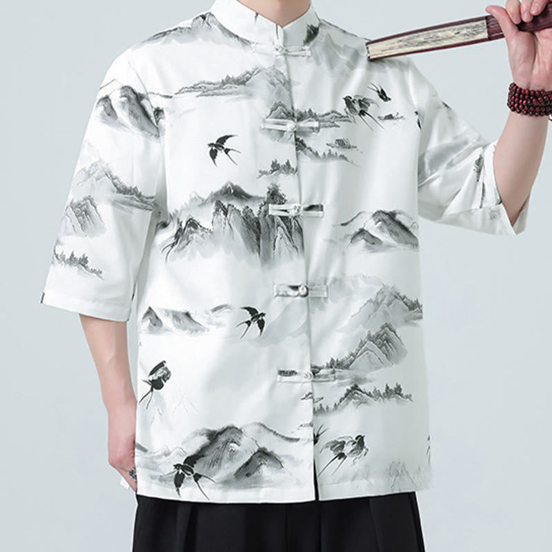 Buddha Stones 墨絵風景模様メンズフロッグボタン半袖シャツ - ツバメと山の模様 - US/UK/AU46、 EU56 (5XL) - image 0