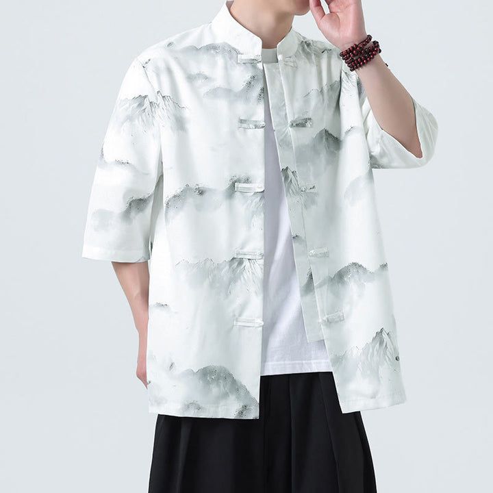 Buddha Stones 墨絵風景模様メンズフロッグボタン半袖シャツ - image 17