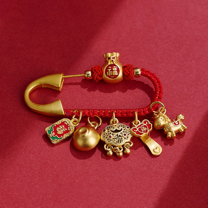 Buddha Stones年のお守り 福の字幸運繁栄を引き寄せる 如意柄 真鍮製 幸運のブローチ - 馬のピースフーキャラクター - image 0