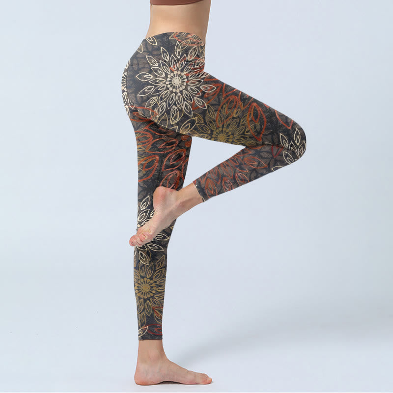Buddha Stones 左右対称のレトロフラワー柄プリントジムレギンスレディースヨガパンツ - image 3