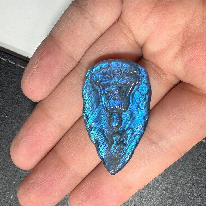 Buddha Stones 彫刻された仏像天然ラブラドライトティアドロップ型置物治癒像ホームデコレーション - image 9