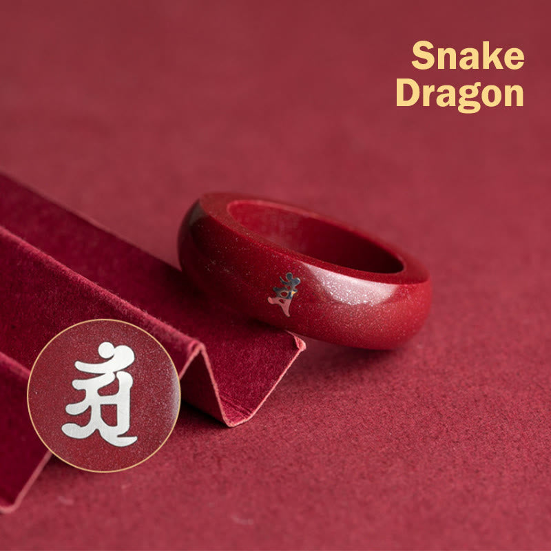 Buddha Stones 中国の干支、午年の辰砂の良縁祈願リング - 辰砂の龍蛇 - 22mm - image 12