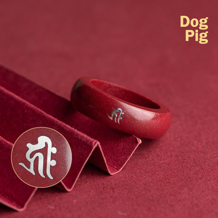 Buddha Stones 中国の干支、午年の辰砂の良縁祈願リング - 辰砂犬豚 - 22mm - image 20