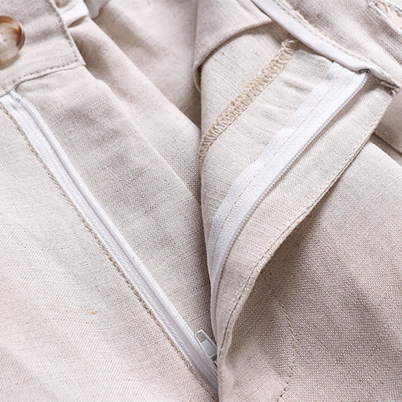 Buddha Stones 夏用ジッパー付き伸縮性ウエストデザインメンズコットンリネンワイドレッグパンツ（ポケット付き） - image 3