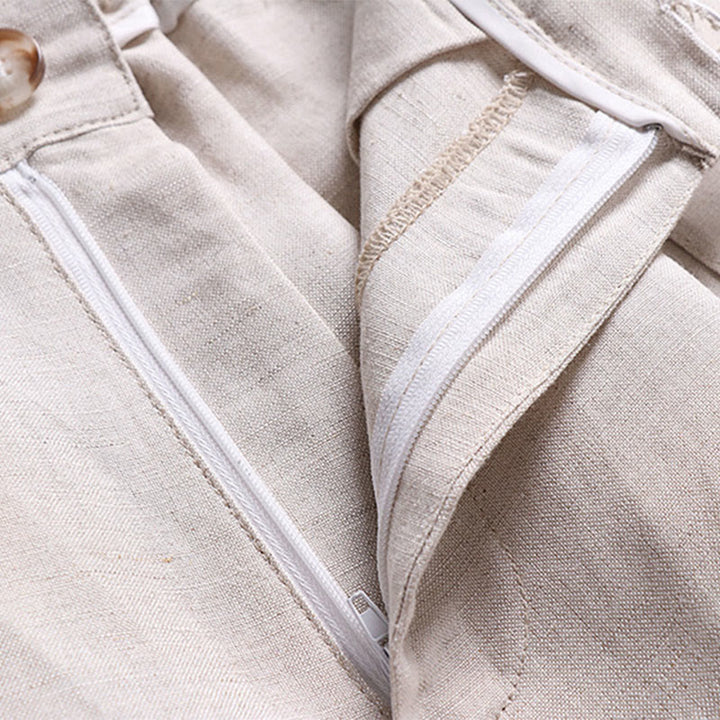 Buddha Stones 夏用ジッパー付き伸縮性ウエストデザインメンズコットンリネンワイドレッグパンツ（ポケット付き） - image 3