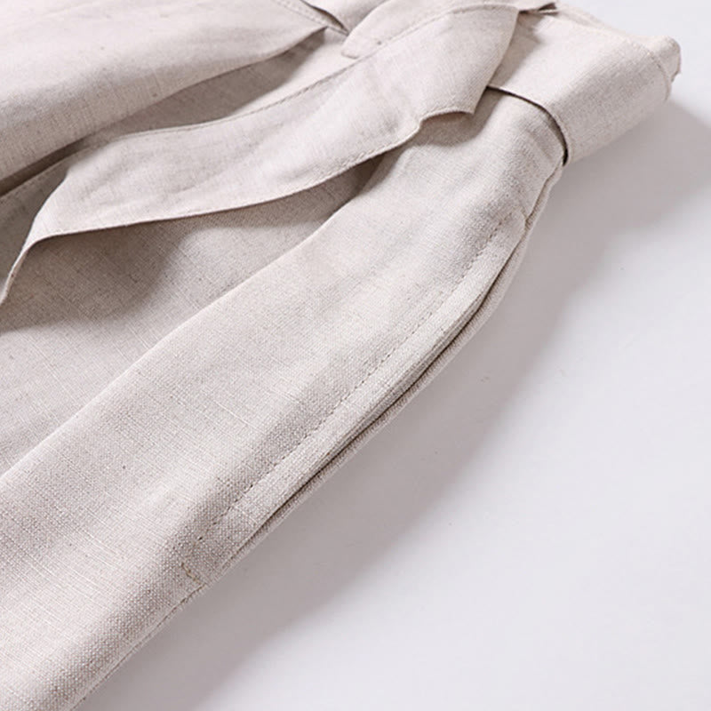 Buddha Stones 夏用ジッパー付き伸縮性ウエストデザインメンズコットンリネンワイドレッグパンツ（ポケット付き） - image 4