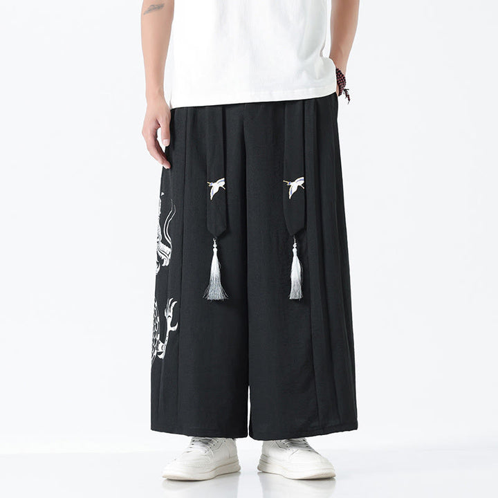 Buddha Stones 夏用ドラゴンドローストリングデザインコットンアンクル丈メンズワイドレッグパンツ（ポケット付き） - 黒 - US/UK/AU42、 EU52 (3XL) - image 8