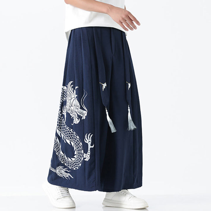 Buddha Stones 夏用ドラゴンドローストリングデザインコットンアンクル丈メンズワイドレッグパンツ（ポケット付き） - image 5