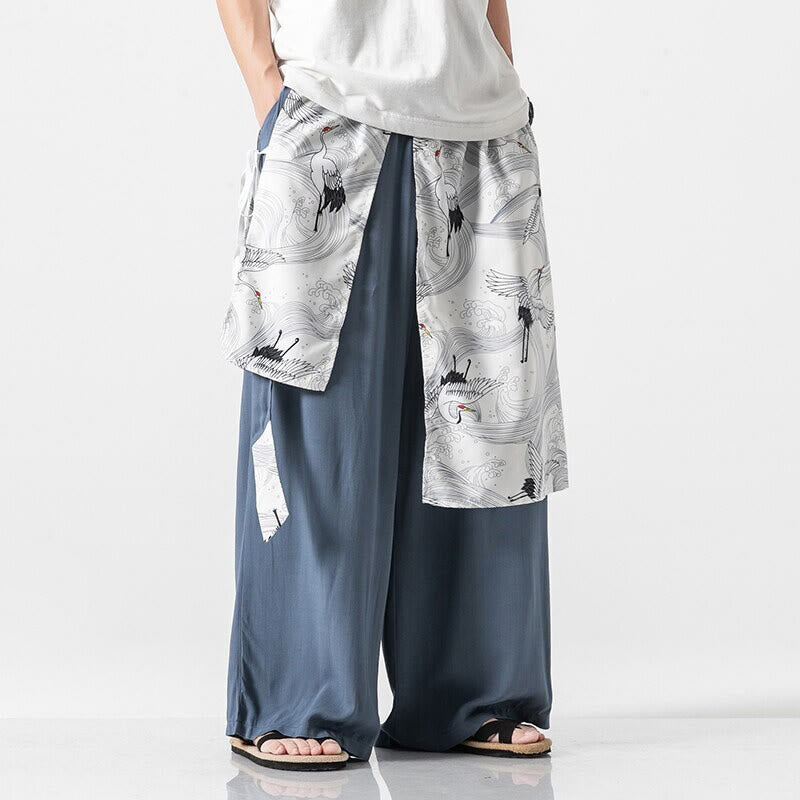 Buddha Stones 夏用 飛鶴デザイン コットン メンズ ワイドレッグパンツ ポケット付き - ライトスチールブルー - US/UK/AU46、 EU56 (5XL) - image 10