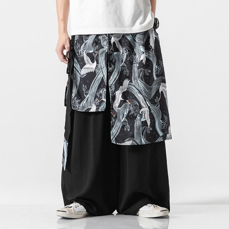 Buddha Stones 夏用 飛鶴デザイン コットン メンズ ワイドレッグパンツ ポケット付き - 黒 - US/UK/AU46、 EU56 (5XL) - image 23
