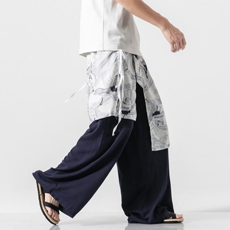 Buddha Stones 夏用 飛鶴デザイン コットン メンズ ワイドレッグパンツ ポケット付き - image 6