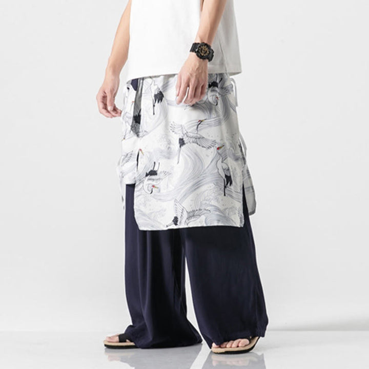 Buddha Stones 夏用 飛鶴デザイン コットン メンズ ワイドレッグパンツ ポケット付き - image 3