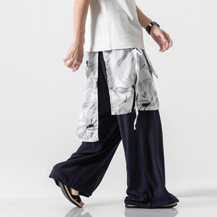 Buddha Stones 夏用 飛鶴デザイン コットン メンズ ワイドレッグパンツ ポケット付き - image 5