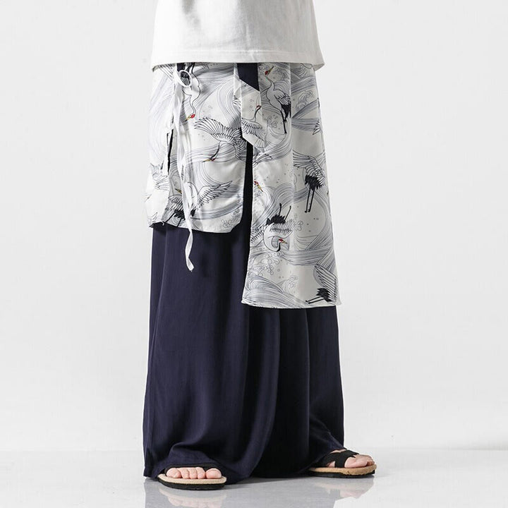 Buddha Stones 夏用 飛鶴デザイン コットン メンズ ワイドレッグパンツ ポケット付き - image 1