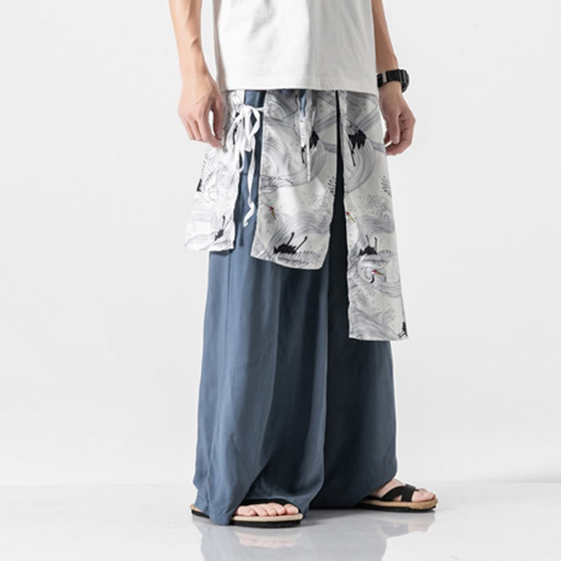 Buddha Stones 夏用 飛鶴デザイン コットン メンズ ワイドレッグパンツ ポケット付き - image 12