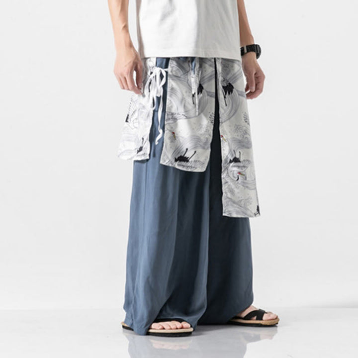 Buddha Stones 夏用 飛鶴デザイン コットン メンズ ワイドレッグパンツ ポケット付き - image 12