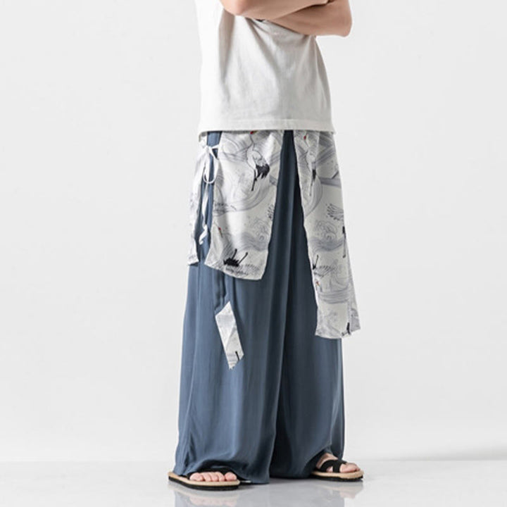 Buddha Stones 夏用 飛鶴デザイン コットン メンズ ワイドレッグパンツ ポケット付き - image 19