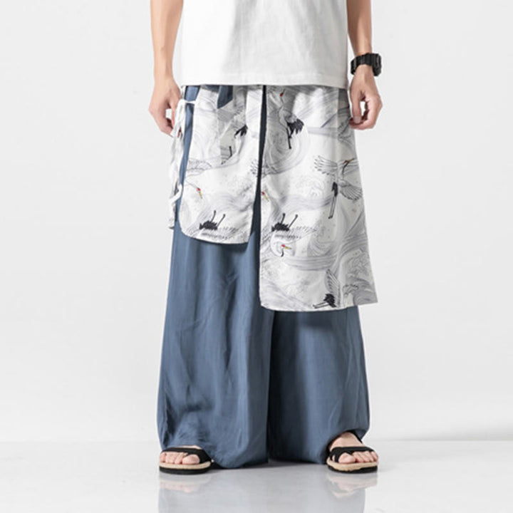 Buddha Stones 夏用 飛鶴デザイン コットン メンズ ワイドレッグパンツ ポケット付き - image 14