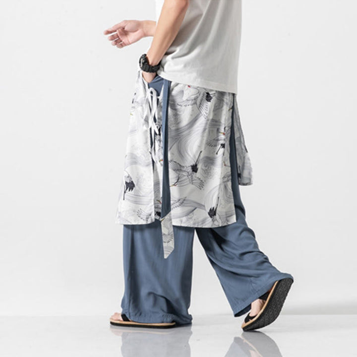 Buddha Stones 夏用 飛鶴デザイン コットン メンズ ワイドレッグパンツ ポケット付き - image 17