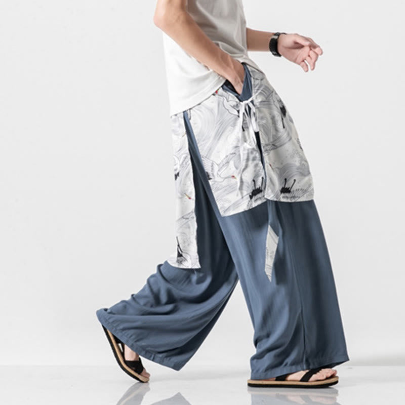 Buddha Stones 夏用 飛鶴デザイン コットン メンズ ワイドレッグパンツ ポケット付き - image 16