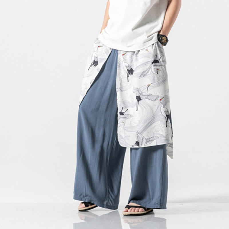 Buddha Stones 夏用 飛鶴デザイン コットン メンズ ワイドレッグパンツ ポケット付き - image 21