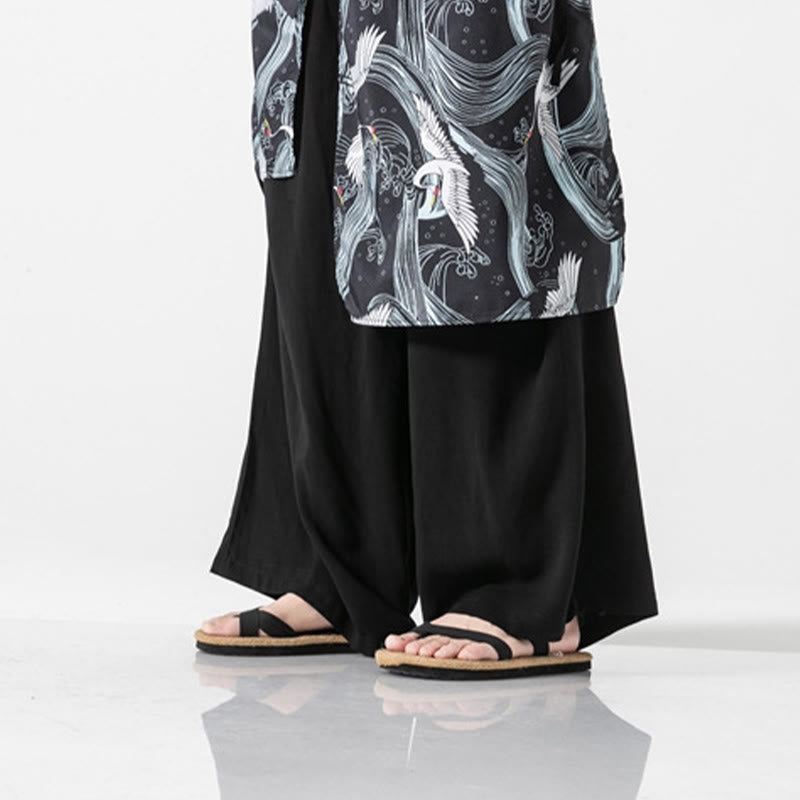 Buddha Stones 夏用 飛鶴デザイン コットン メンズ ワイドレッグパンツ ポケット付き - image 37