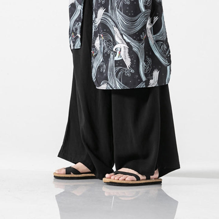 Buddha Stones 夏用 飛鶴デザイン コットン メンズ ワイドレッグパンツ ポケット付き - image 37