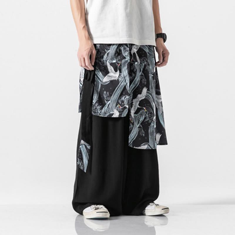 Buddha Stones 夏用 飛鶴デザイン コットン メンズ ワイドレッグパンツ ポケット付き - image 26