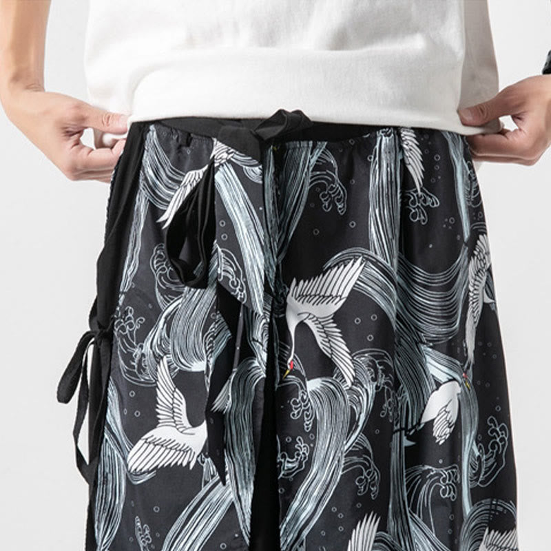 Buddha Stones 夏用 飛鶴デザイン コットン メンズ ワイドレッグパンツ ポケット付き - image 34