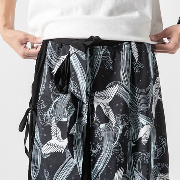 Buddha Stones 夏用 飛鶴デザイン コットン メンズ ワイドレッグパンツ ポケット付き - image 34