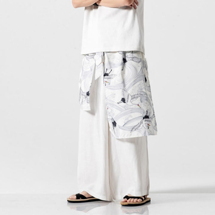 Buddha Stones 夏用 飛鶴デザイン コットン メンズ ワイドレッグパンツ ポケット付き - image 45