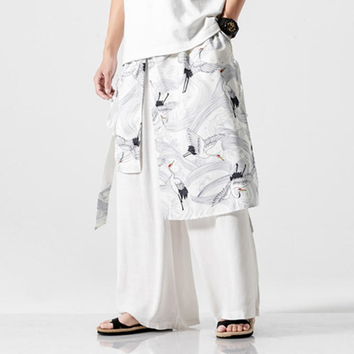 Buddha Stones 夏用 飛鶴デザイン コットン メンズ ワイドレッグパンツ ポケット付き - image 47