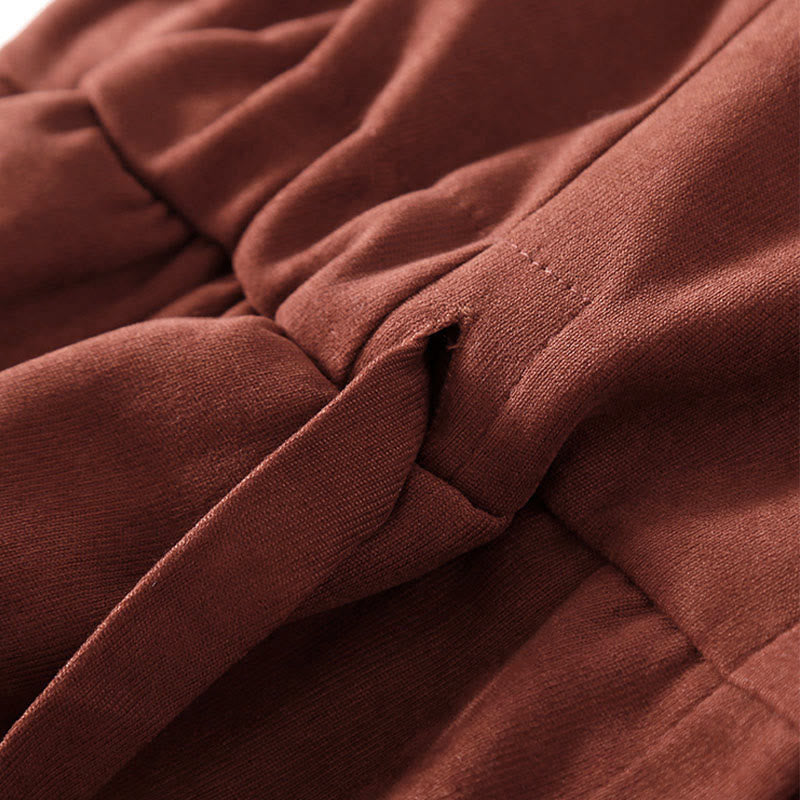 Buddha Stones 秋冬 無地 ボタンダウン レースアップデザイン 長袖 ミディ丈 ドレス ポケット付き - image 4