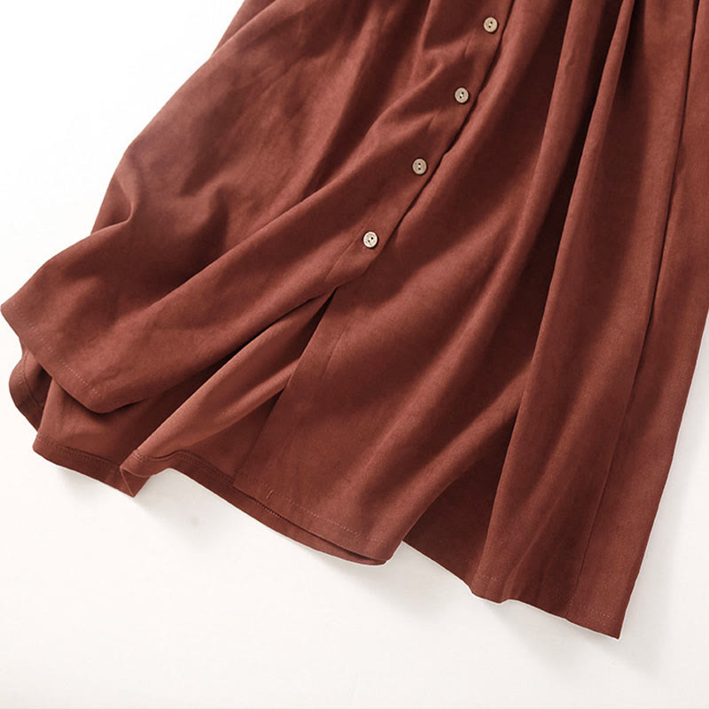 Buddha Stones 秋冬 無地 ボタンダウン レースアップデザイン 長袖 ミディ丈 ドレス ポケット付き - image 8