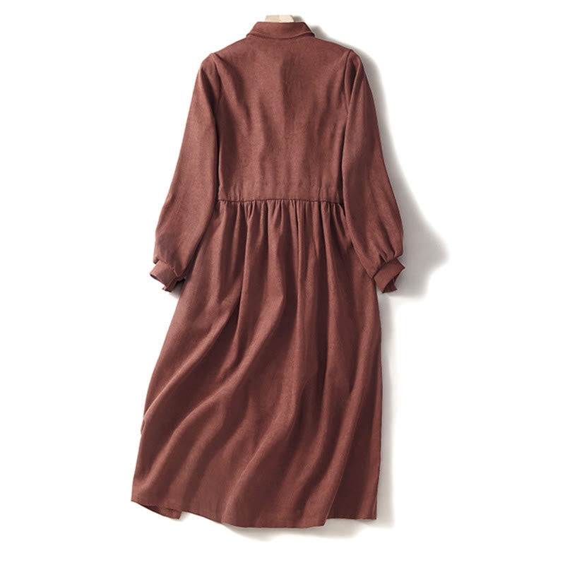 Buddha Stones 秋冬 無地 ボタンダウン レースアップデザイン 長袖 ミディ丈 ドレス ポケット付き - image 1