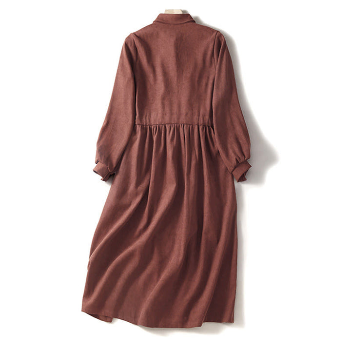 Buddha Stones 秋冬 無地 ボタンダウン レースアップデザイン 長袖 ミディ丈 ドレス ポケット付き - image 1