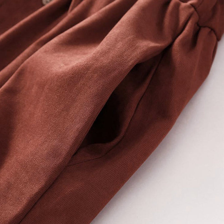 Buddha Stones 秋冬 無地 ボタンダウン レースアップデザイン 長袖 ミディ丈 ドレス ポケット付き - image 5