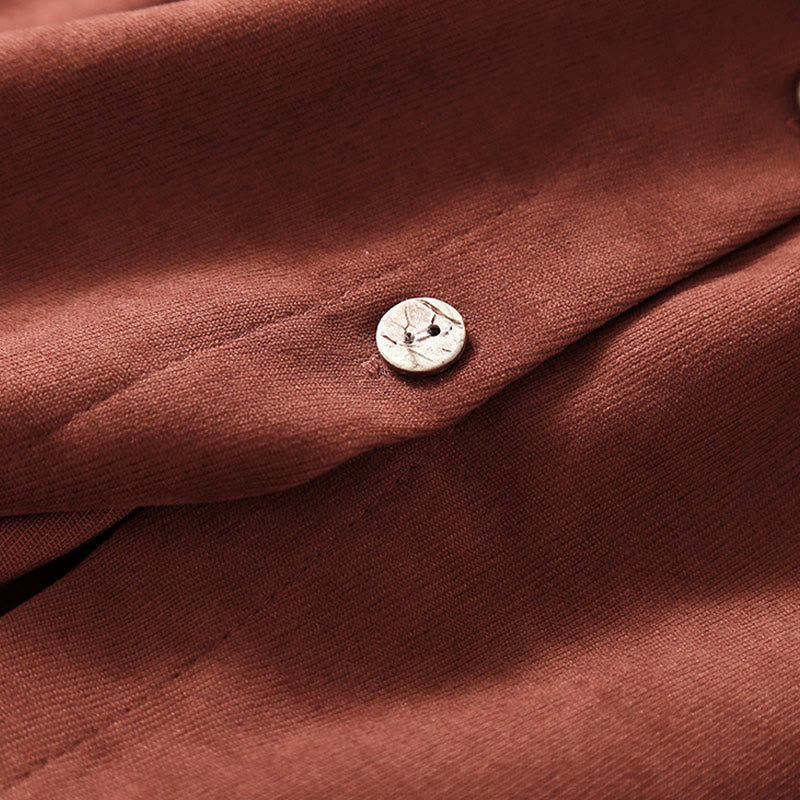 Buddha Stones 秋冬 無地 ボタンダウン レースアップデザイン 長袖 ミディ丈 ドレス ポケット付き - image 6