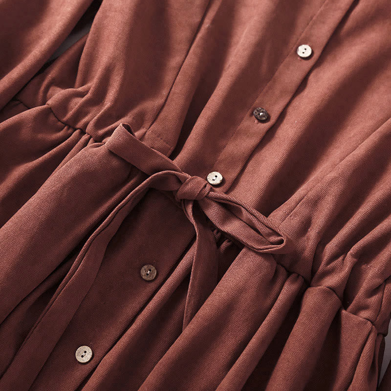 Buddha Stones 秋冬 無地 ボタンダウン レースアップデザイン 長袖 ミディ丈 ドレス ポケット付き - image 3