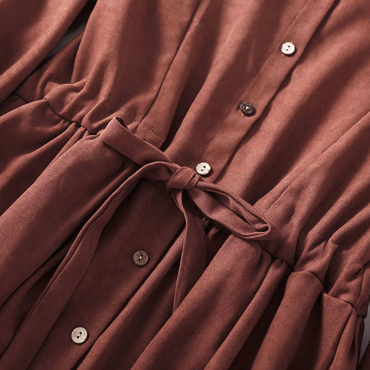 Buddha Stones 秋冬 無地 ボタンダウン レースアップデザイン 長袖 ミディ丈 ドレス ポケット付き - image 3