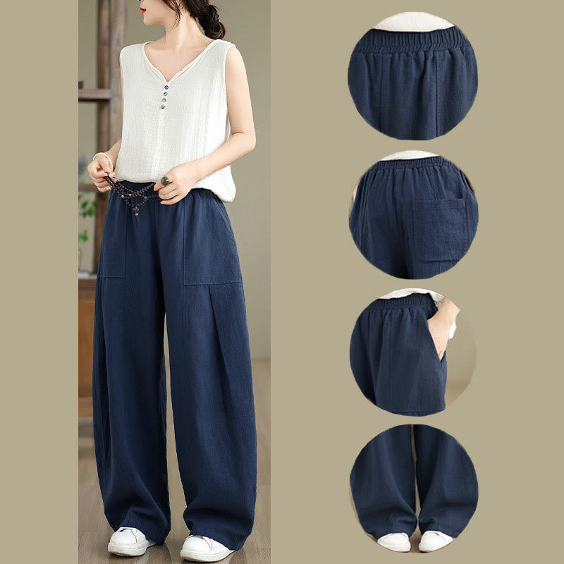 Buddha Stones 無地コットンリネンレディースストレートレッグパンツ（ポケット付き） - image 23