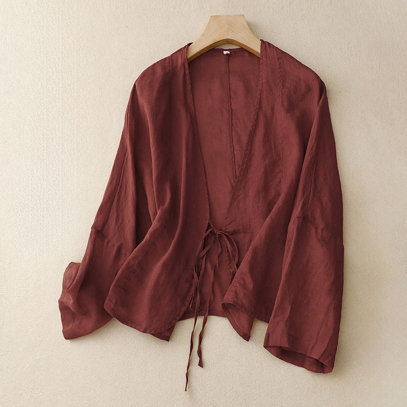 Buddha Stones 夏無地長袖レースアップオープンフロントレディース着物 - ダークレッド - US12、 UK/AU16、 EU44 (XL) - image 0