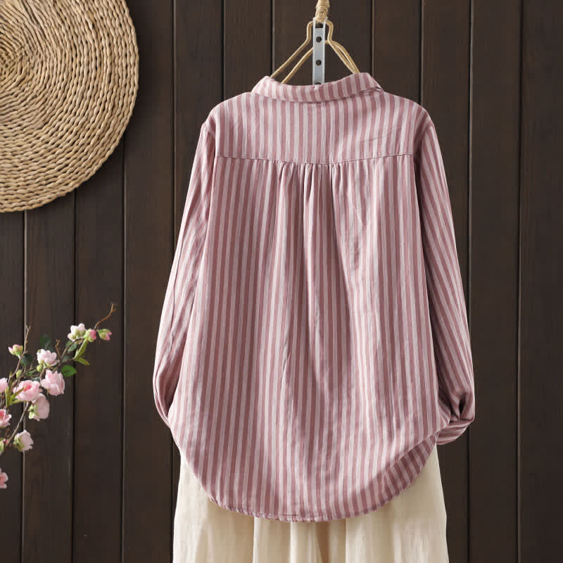 Buddha Stones 春の縦縞 長袖 装飾ポケット付き レディース コットンボタンシャツ - image 1