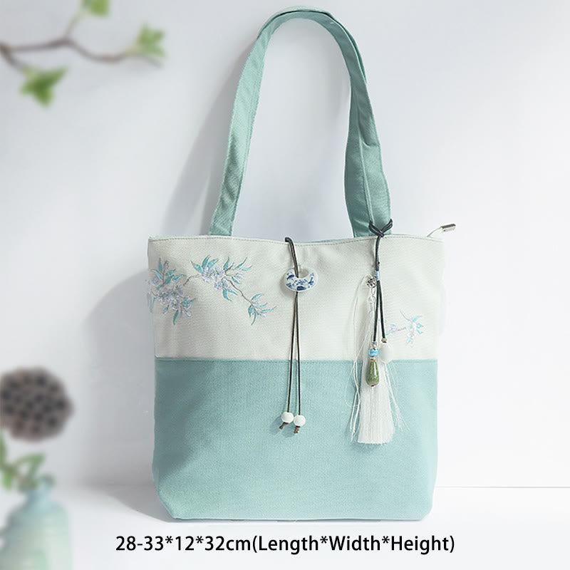 梨花 梅 桃の花 竹刺繍 キャンバス 大容量 ショルダーバッグ トートバッグ - image 1