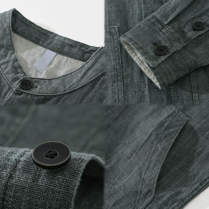 Buddha Stones 秋冬 無地 長袖 ボタンデザイン メンズ ラミー リネン コットン シャツ ポケット付き - image 10