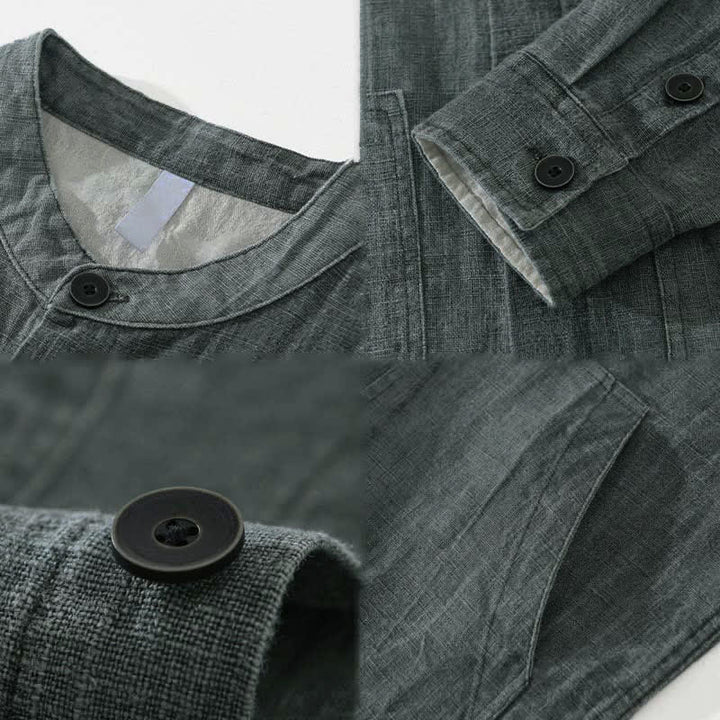 Buddha Stones 秋冬 無地 長袖 ボタンデザイン メンズ ラミー リネン コットン シャツ ポケット付き - image 10