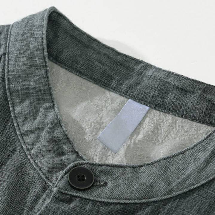 Buddha Stones 秋冬 無地 長袖 ボタンデザイン メンズ ラミー リネン コットン シャツ ポケット付き - image 2