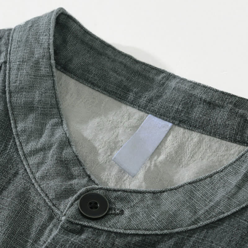Buddha Stones 秋冬 無地 長袖 ボタンデザイン メンズ ラミー リネン コットン シャツ ポケット付き - image 2