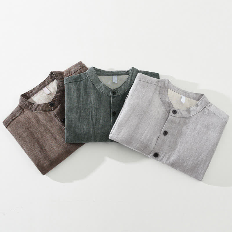 Buddha Stones 秋冬 無地 長袖 ボタンデザイン メンズ ラミー リネン コットン シャツ ポケット付き - image 18